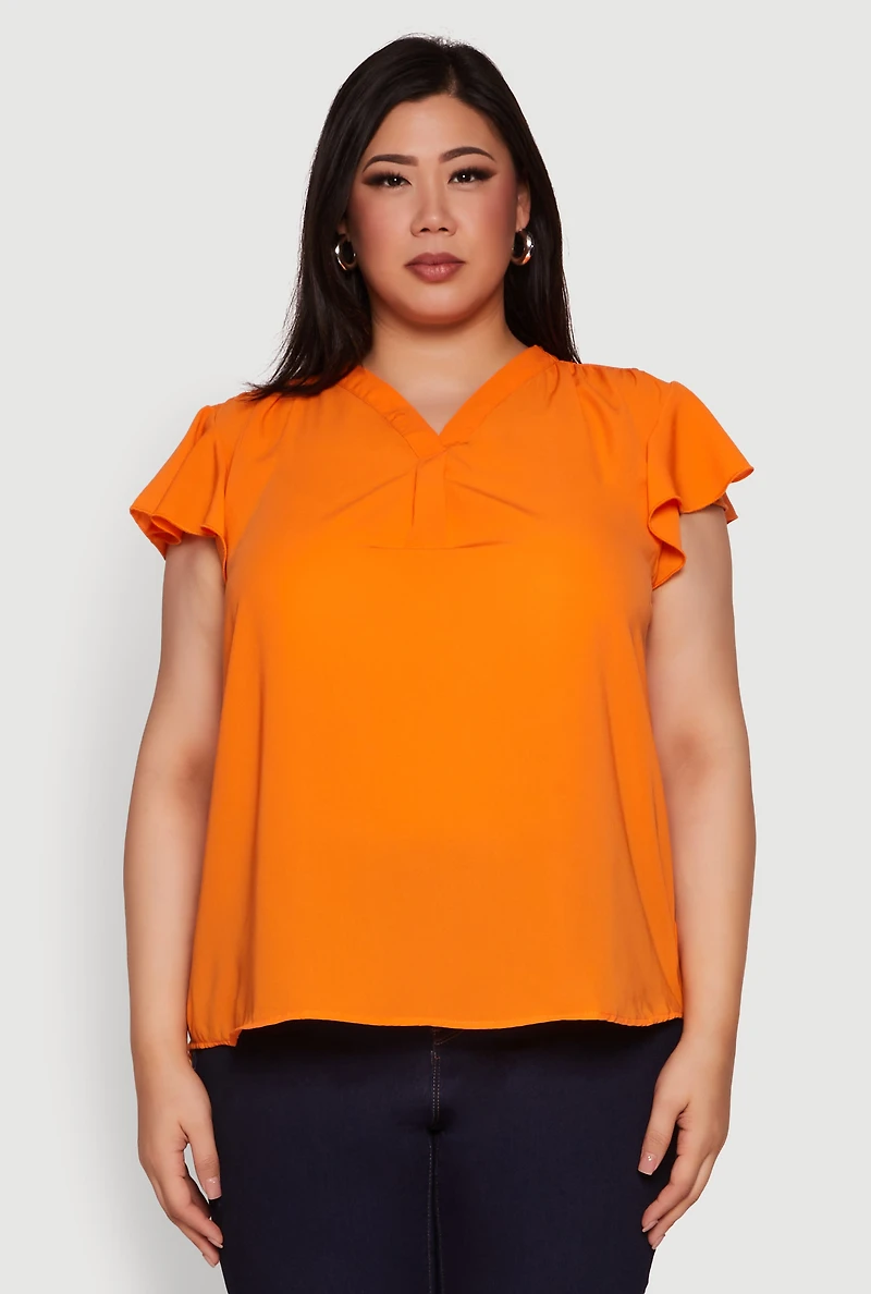 Womens Plus Size Chic V Neck Flutter Sleeve Blouse, Orange, Size 3X