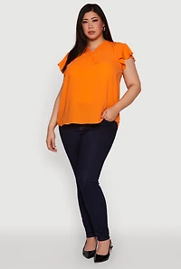 Womens Plus Size Chic V Neck Flutter Sleeve Blouse, Orange, Size 3X