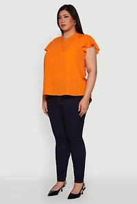 Womens Plus Size Chic V Neck Flutter Sleeve Blouse, Orange, Size 2X