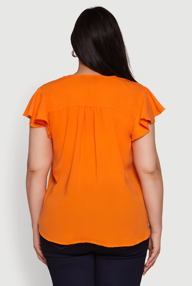 Womens Plus Size Chic V Neck Flutter Sleeve Blouse, Orange, Size 1X