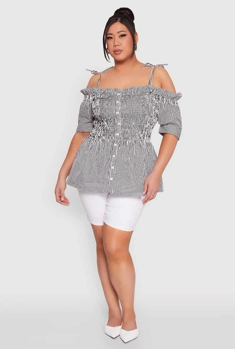 Plus Striped Tie Strap Cold Shoulder Blouse
