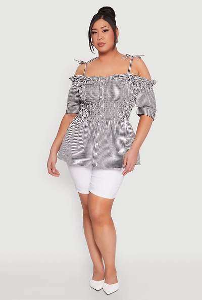 Plus Striped Tie Strap Cold Shoulder Blouse