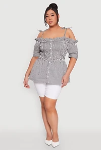 Plus Striped Tie Strap Cold Shoulder Blouse