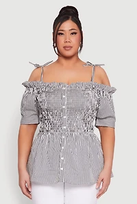 Womens Plus Size Striped Tie Strap Cold Shoulder Blouse, Multi, Size 2X