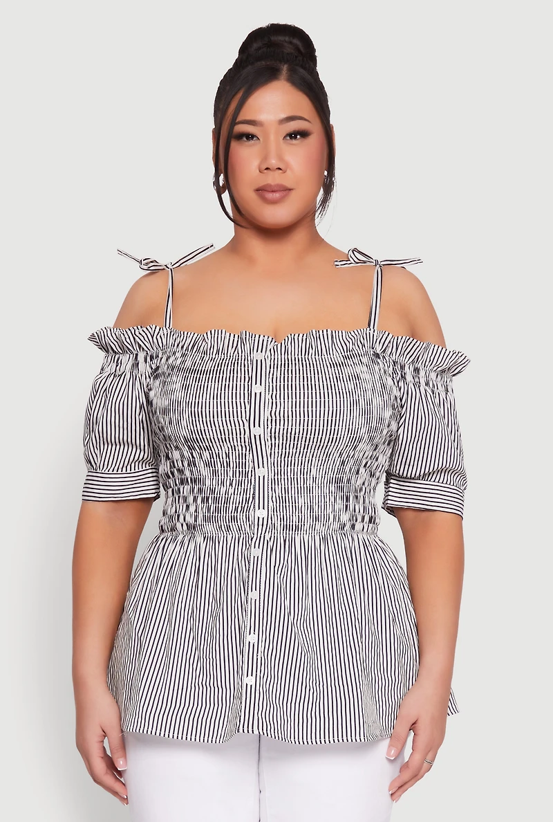 Womens Plus Size Striped Tie Strap Cold Shoulder Blouse, Multi, Size 2X