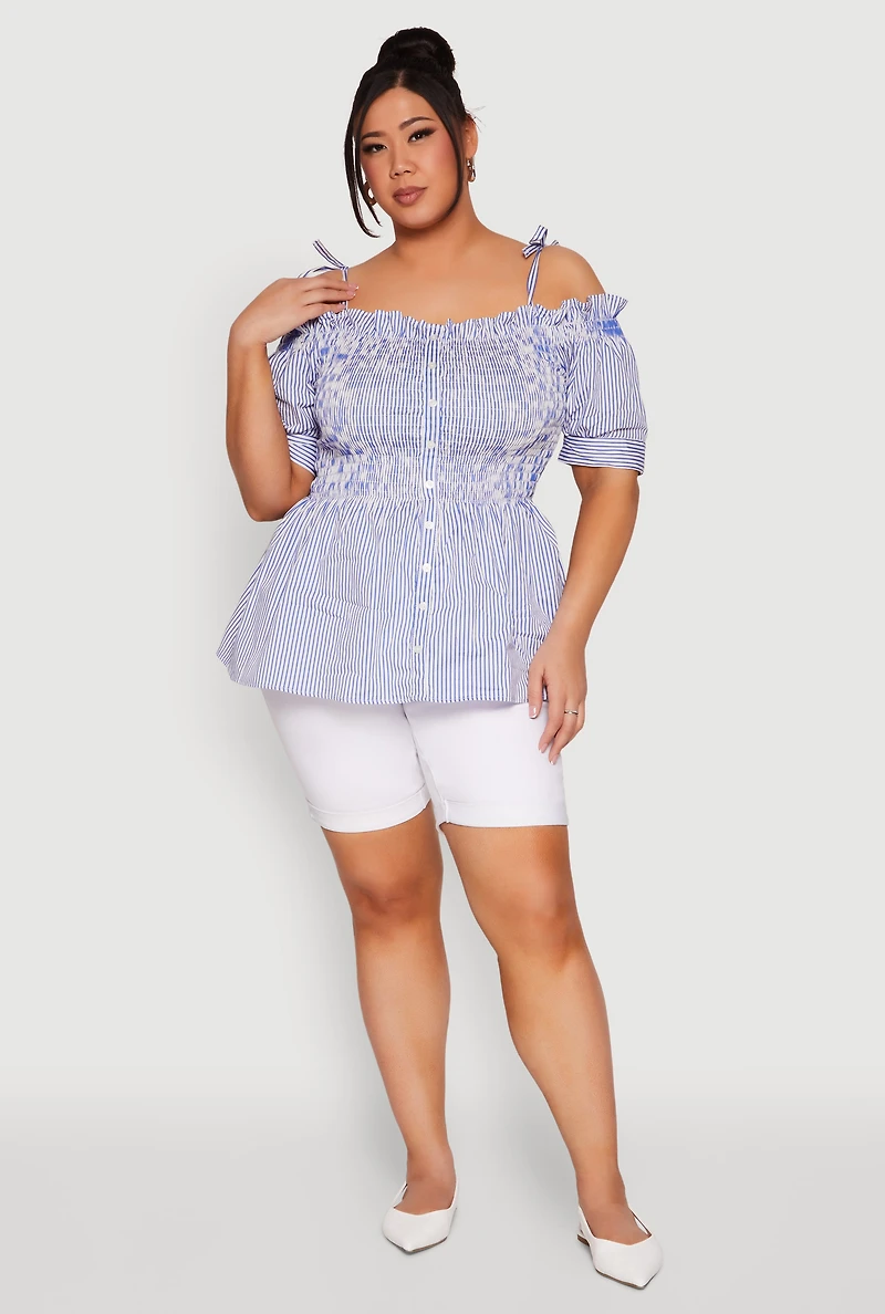 Plus Striped Tie Strap Cold Shoulder Blouse