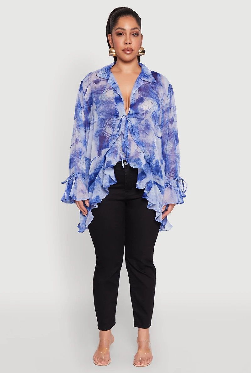 Womens Plus Size Sheer Printed Ruffle Tie Front Top, Blue, Size 3X