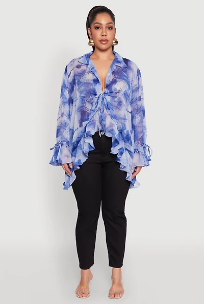 Womens Plus Size Sheer Printed Ruffle Tie Front Top, Blue, Size 3X