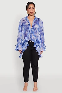 Womens Plus Size Sheer Printed Ruffle Tie Front Top, Blue, Size 3X