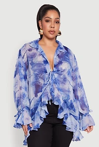 Womens Plus Size Sheer Printed Ruffle Tie Front Top, Blue, Size 3X