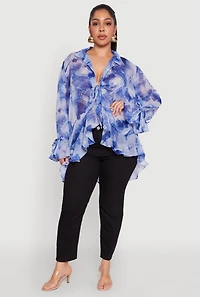 Womens Plus Size Sheer Printed Ruffle Tie Front Top, Blue, Size 3X
