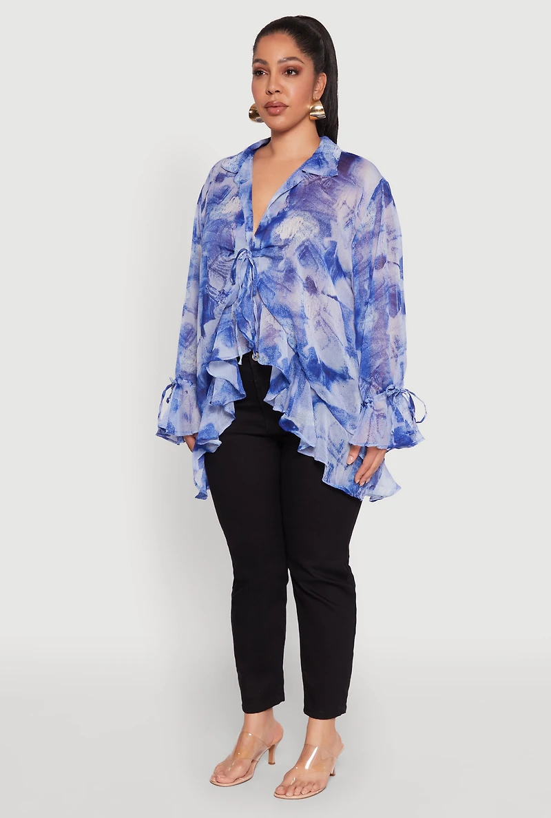 Womens Plus Size Sheer Printed Ruffle Tie Front Top, Blue, Size 3X
