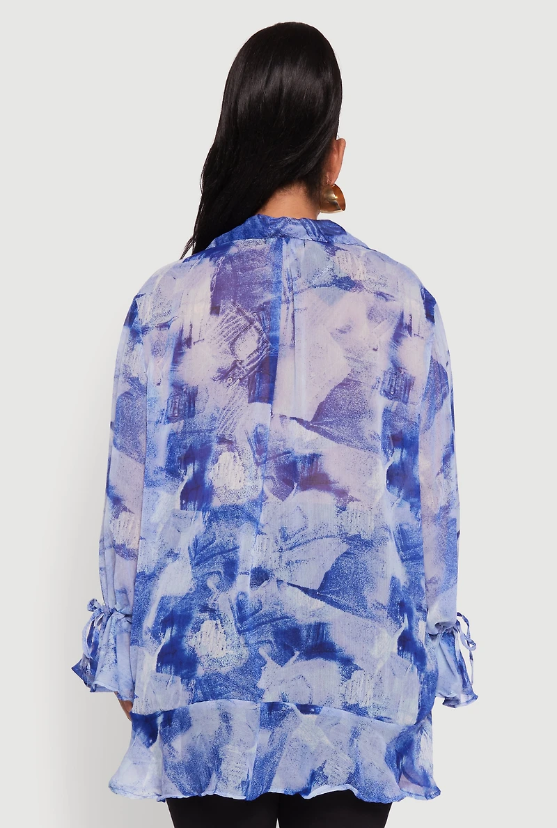Womens Plus Size Sheer Printed Ruffle Tie Front Top, Blue, Size 3X