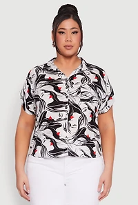 Womens Plus Size Face Printed Button Front Shirt, Multi, Size 2X