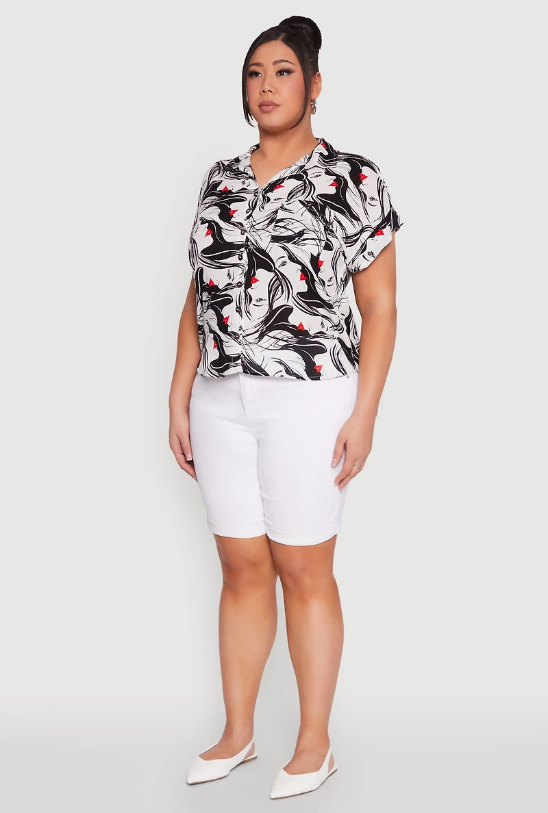 Womens Plus Size Face Printed Button Front Shirt, Multi, Size 2X