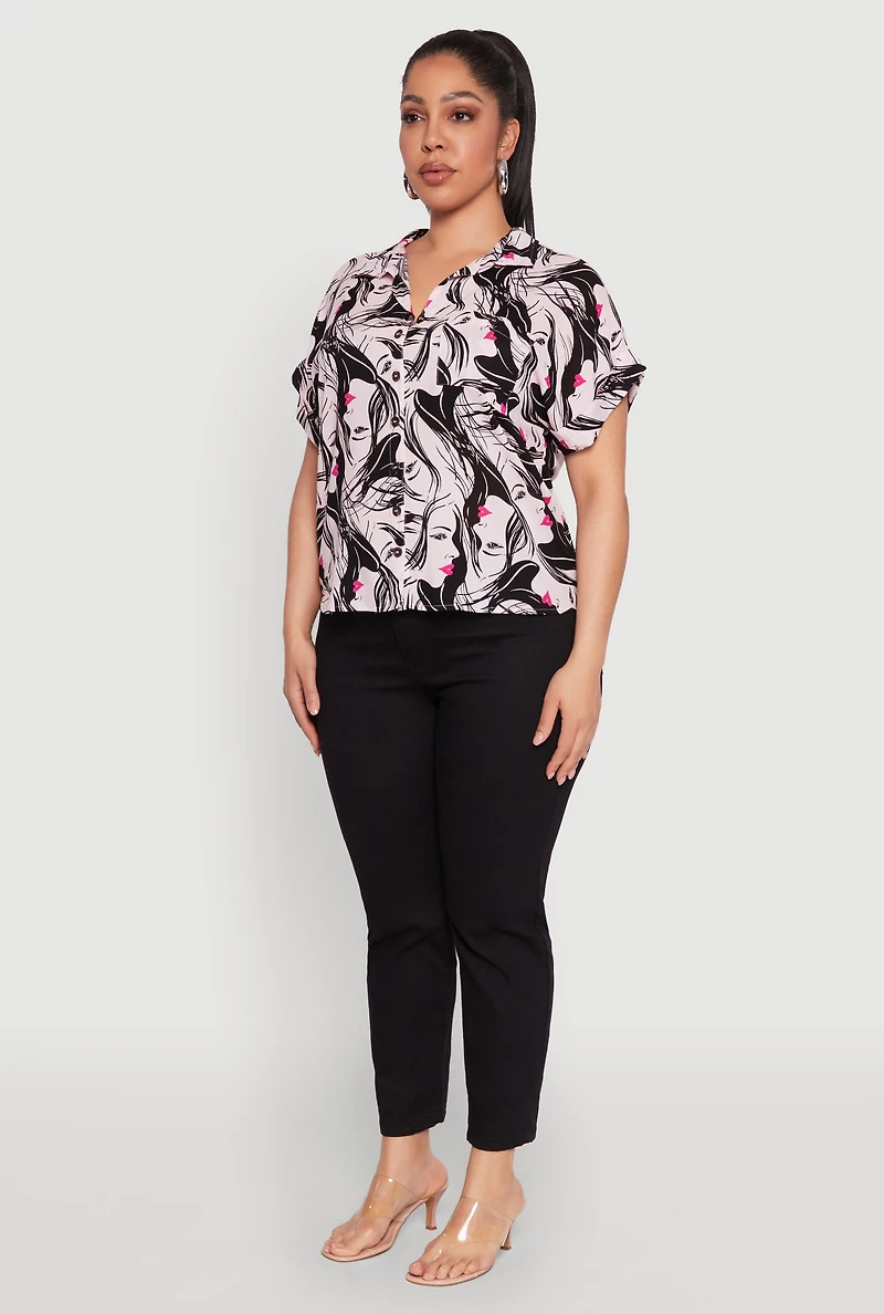 Womens Plus Size Face Printed Button Front Shirt, Multi, Size 2X
