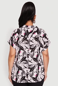 Womens Plus Size Face Printed Button Front Shirt, Multi, Size 2X