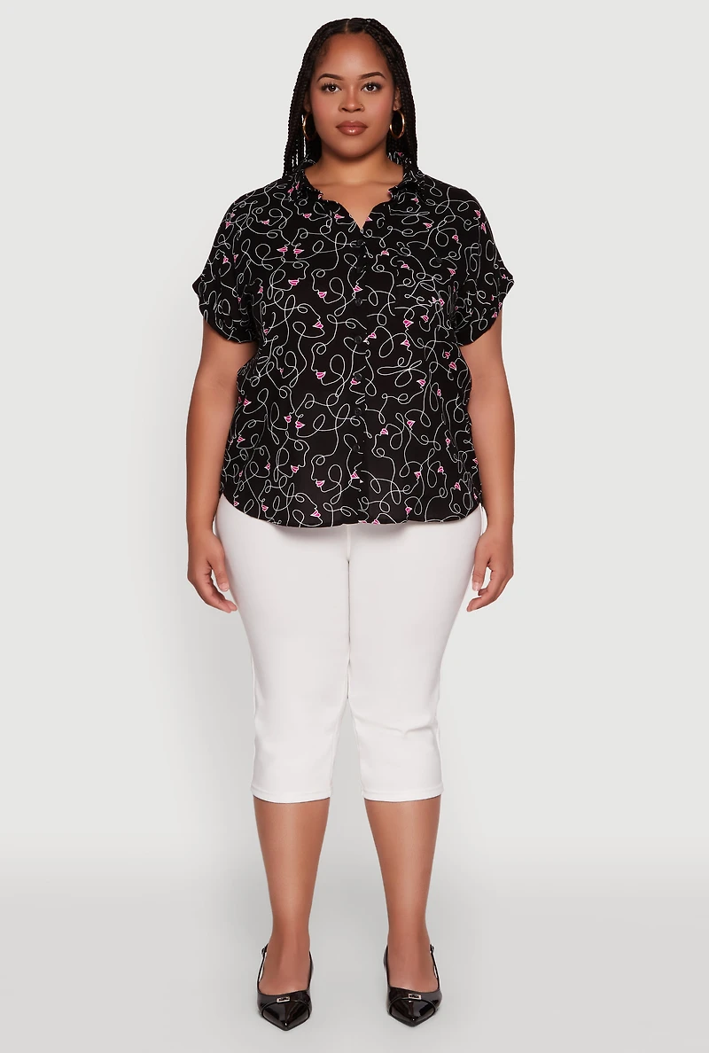 Womens Plus Swirl Face Print Button Front Shirt,