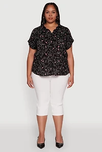 Womens Plus Swirl Face Print Button Front Shirt,