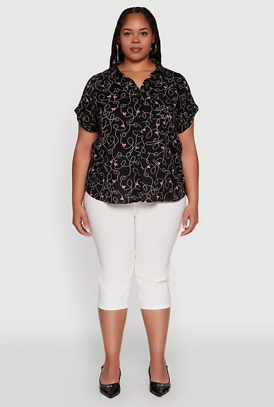 Womens Plus Size Swirl Face Print Button Front Shirt, Black, Size 2X