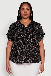 Womens Plus Swirl Face Print Button Front Shirt,