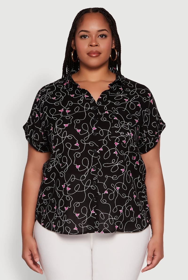 Womens Plus Swirl Face Print Button Front Shirt,