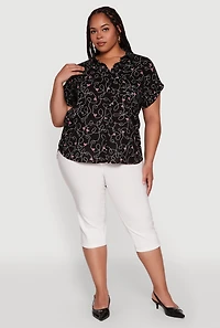 Womens Plus Swirl Face Print Button Front Shirt,