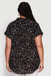 Womens Plus Swirl Face Print Button Front Shirt,