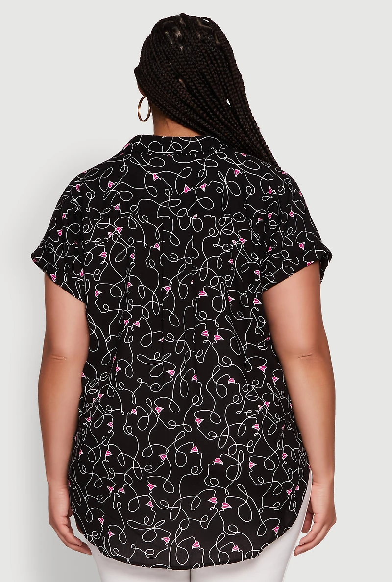 Womens Plus Swirl Face Print Button Front Shirt,