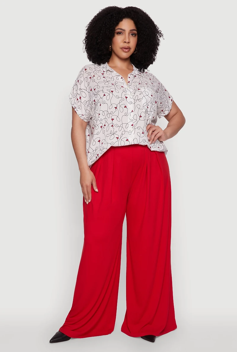 Womens Plus Size Swirl Face Print Button Front Shirt, White, Size 1X