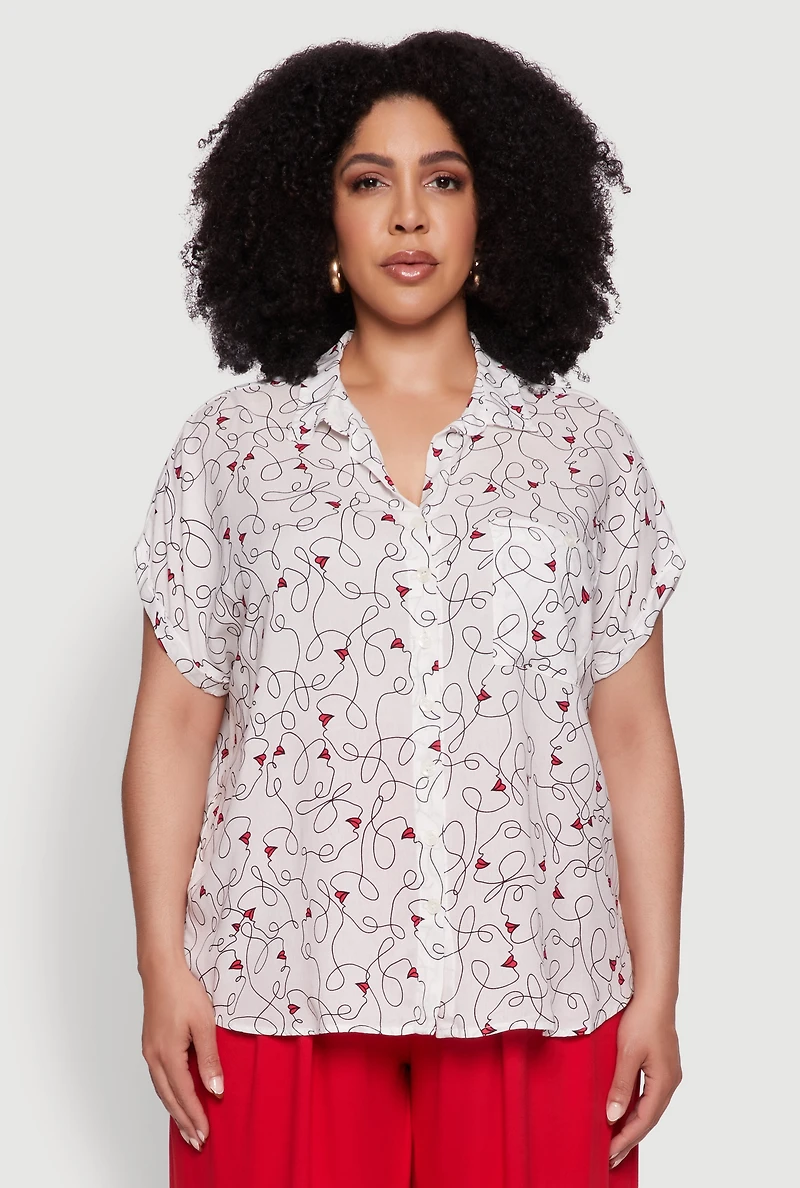 Womens Plus Size Swirl Face Print Button Front Shirt, White, Size 3X