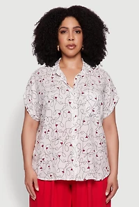 Womens Plus Size Swirl Face Print Button Front Shirt, White, Size 3X