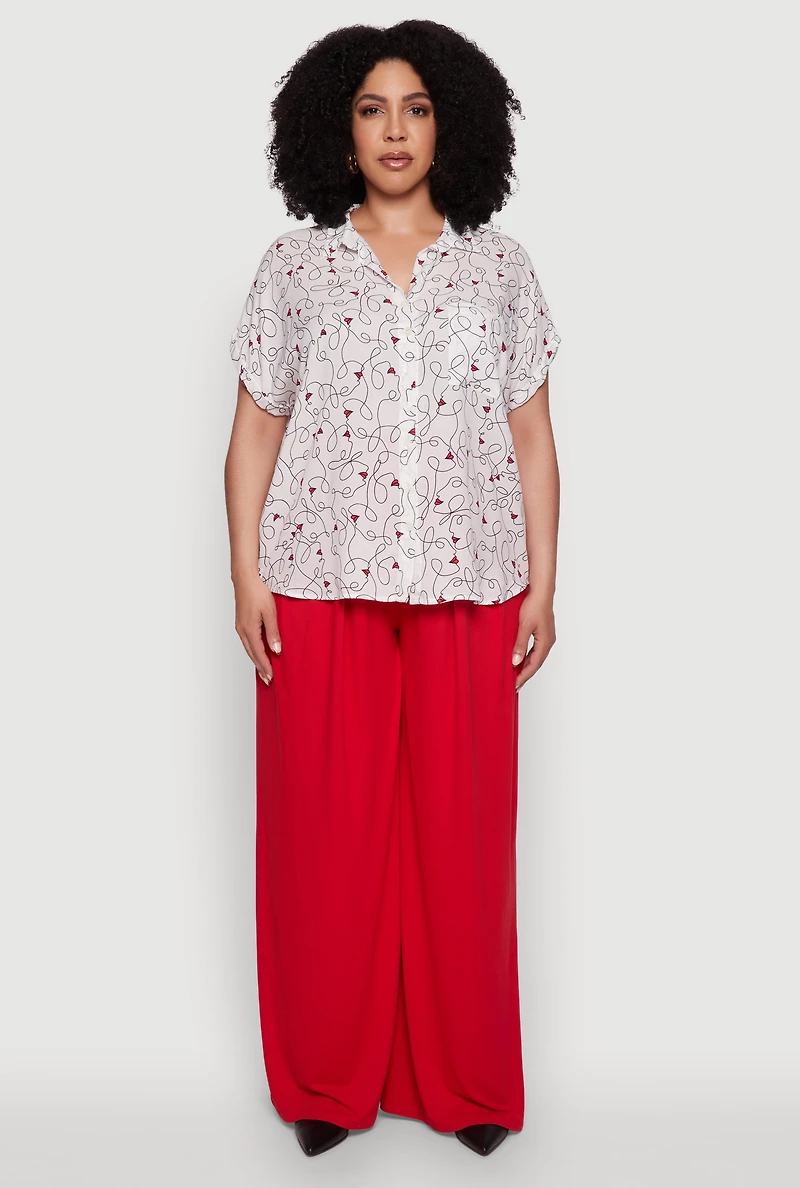 Womens Plus Size Swirl Face Print Button Front Shirt, White, Size 1X