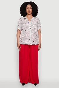 Womens Plus Size Swirl Face Print Button Front Shirt, White, Size 1X