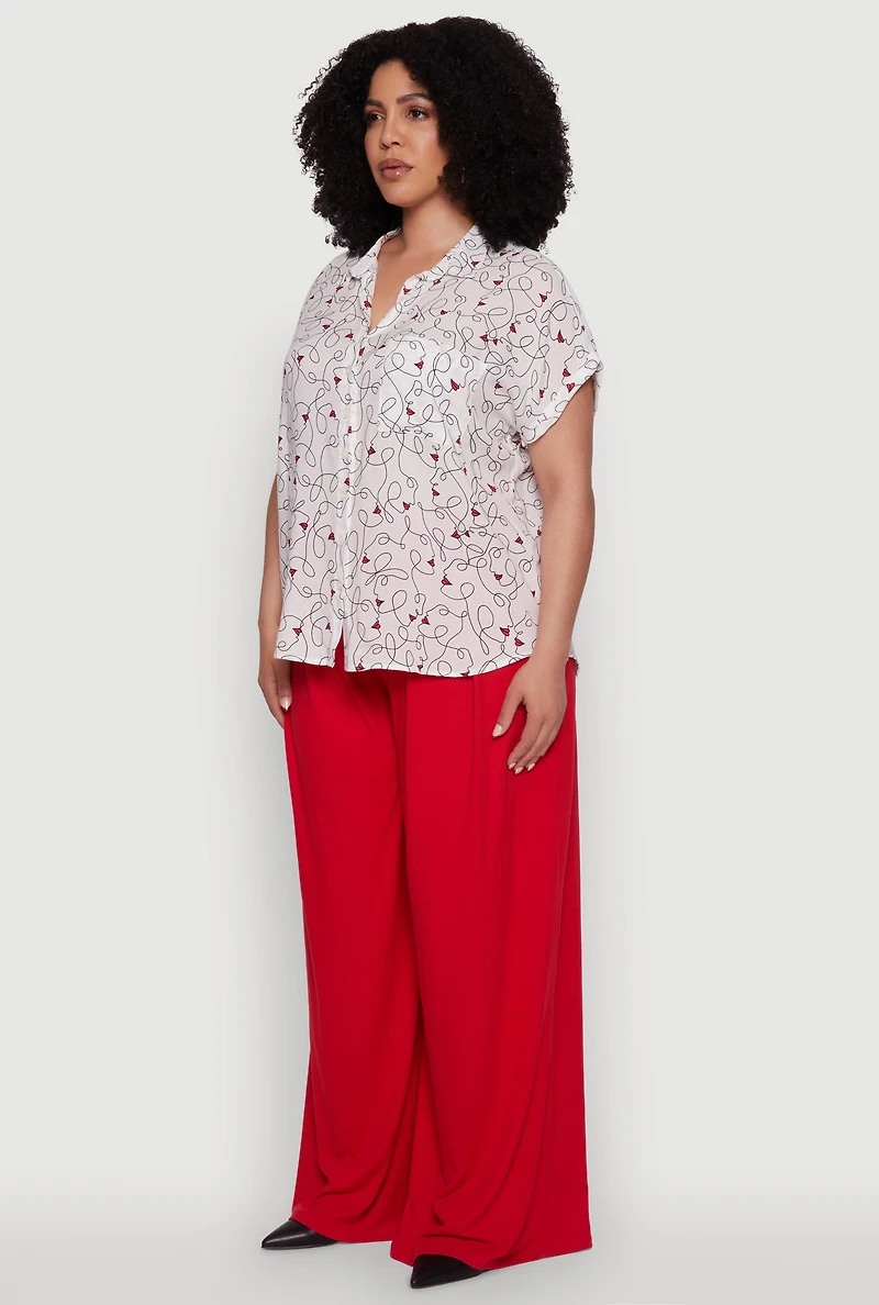 Womens Plus Size Swirl Face Print Button Front Shirt, White, Size 1X