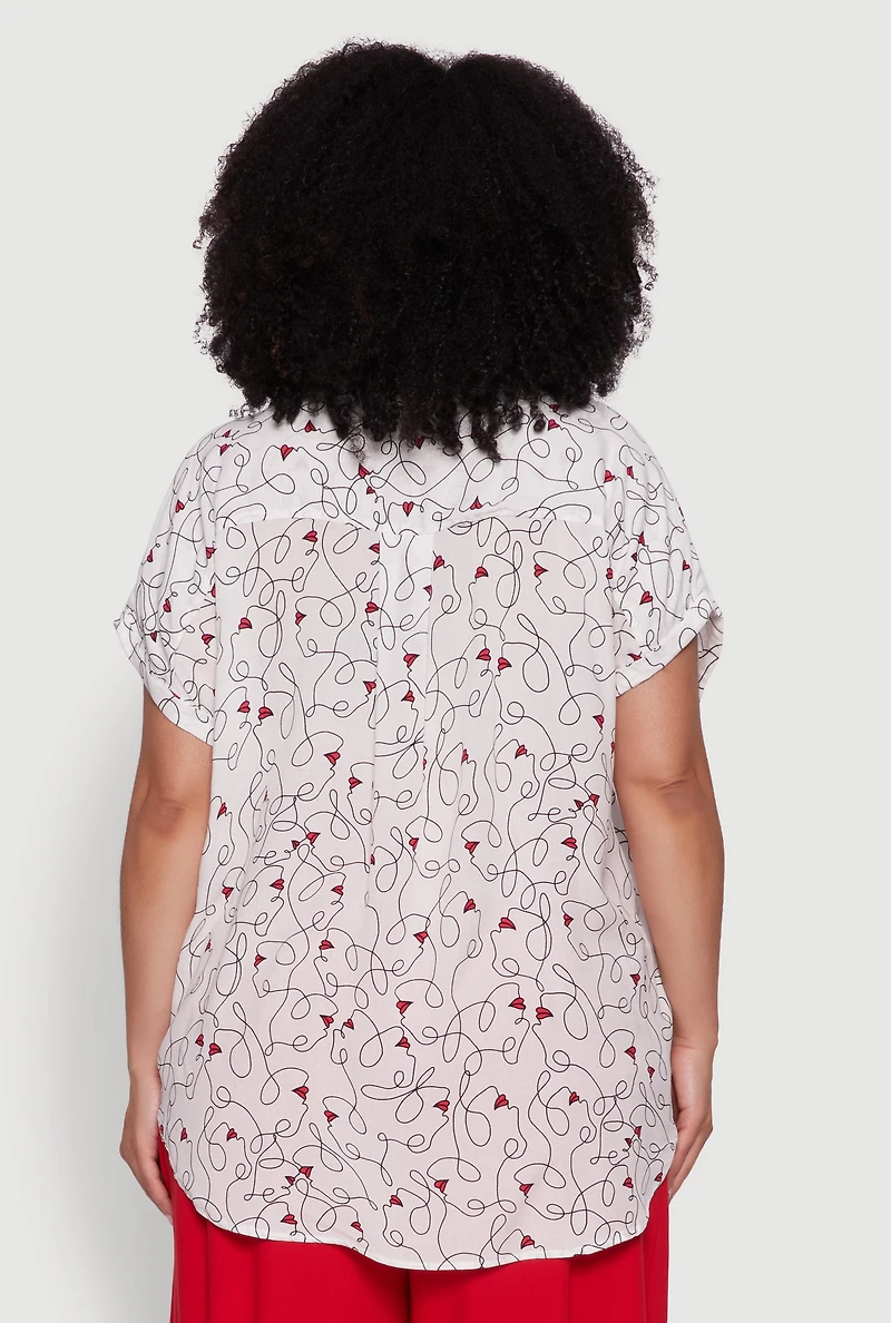 Womens Plus Size Swirl Face Print Button Front Shirt, White, Size 3X