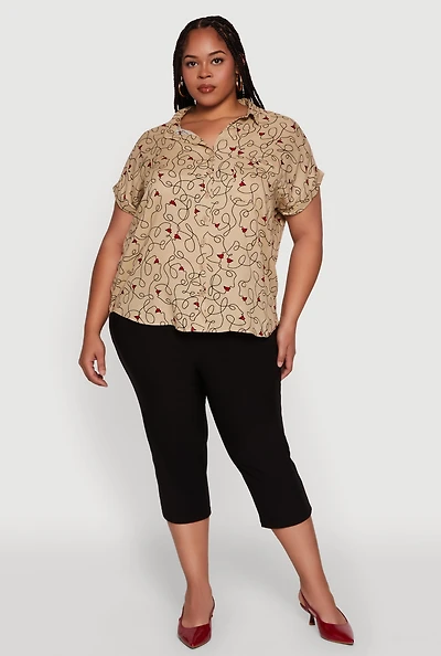 Womens Plus Swirl Face Print Button Front Shirt,
