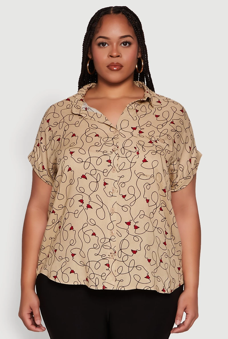 Womens Plus Swirl Face Print Button Front Shirt,