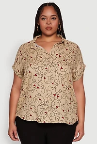 Womens Plus Size Swirl Face Print Button Front Shirt, Beige, Size 3X