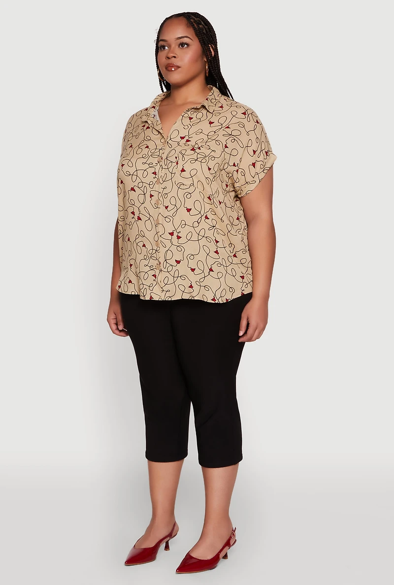 Plus Swirl Face Print Button Front Shirt