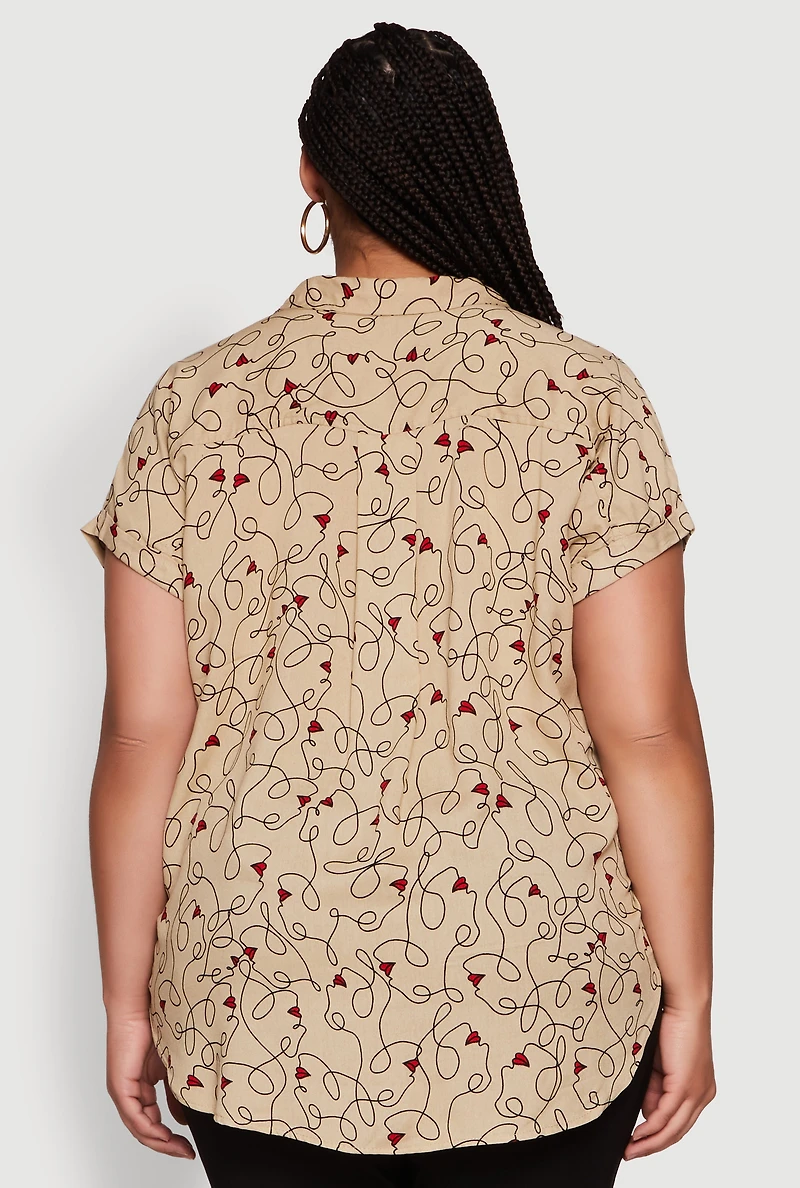 Plus Swirl Face Print Button Front Shirt