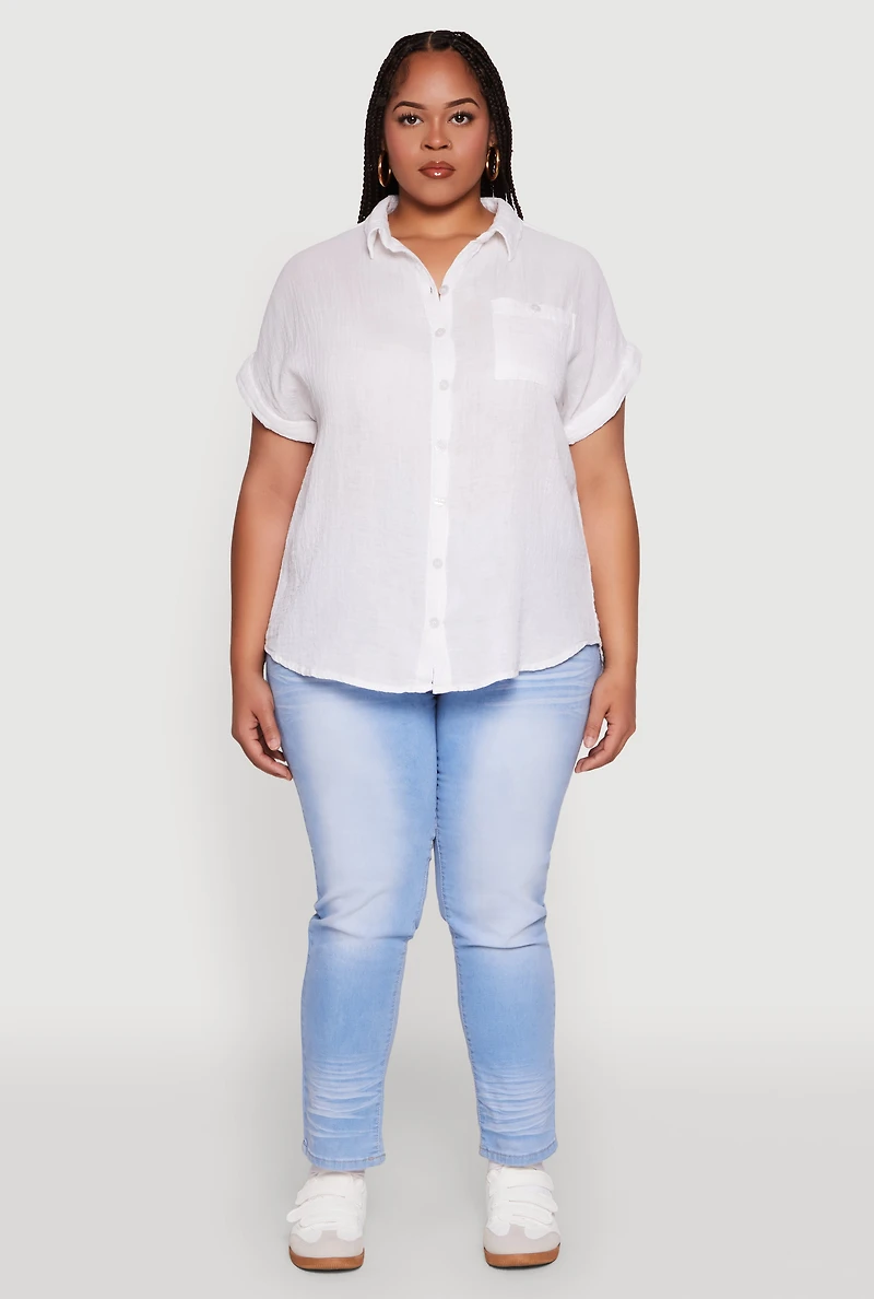 Womens Plus Size Short Sleeve Rolled Cuff Shirt, White, Size 1X