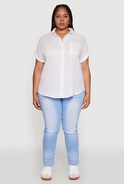Womens Plus Size Short Sleeve Rolled Cuff Shirt, White, Size 1X