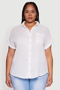 Womens Plus Size Short Sleeve Rolled Cuff Shirt, White, Size 1X