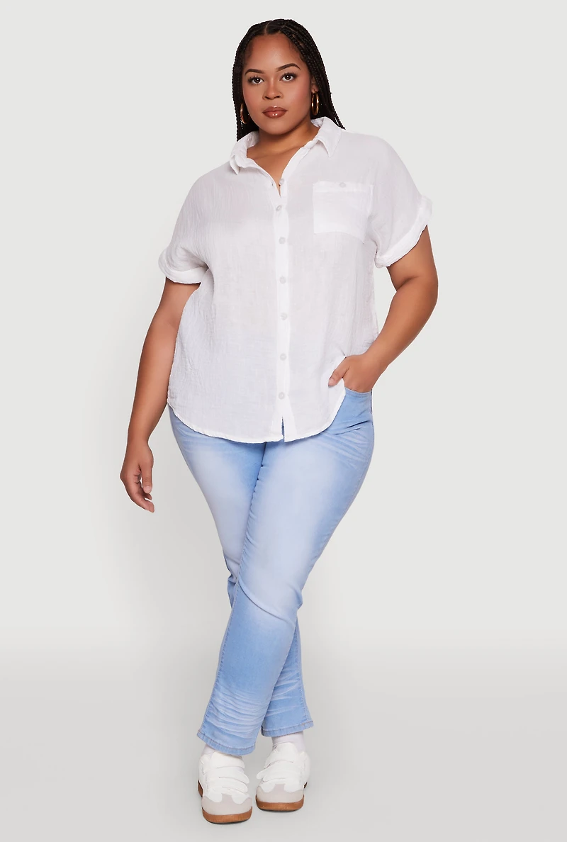 Womens Plus Size Short Sleeve Rolled Cuff Shirt, White, Size 1X