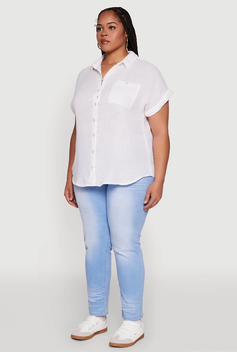 Womens Plus Size Short Sleeve Rolled Cuff Shirt, White, Size 1X