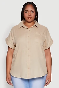 Womens Plus Short Sleeve Rolled Cuff Shirt,