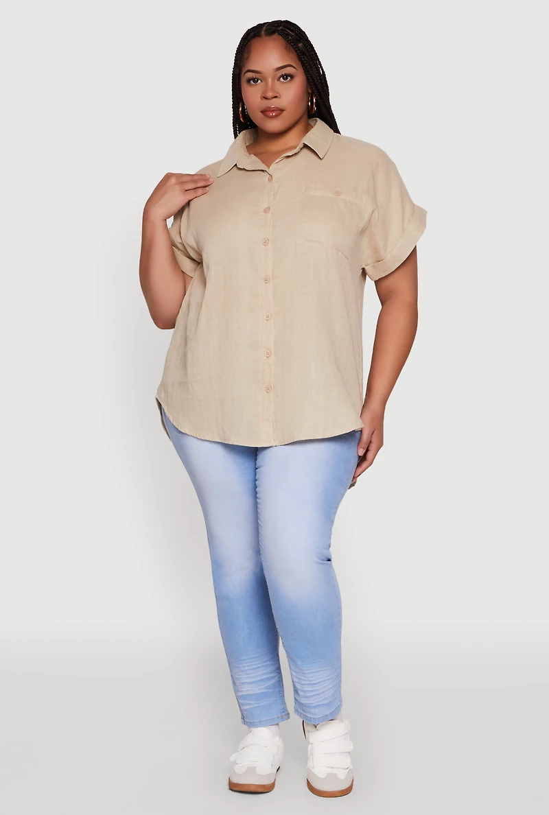 Womens Plus Size Short Sleeve Rolled Cuff Shirt, Beige, Size 1X