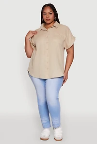 Womens Plus Size Short Sleeve Rolled Cuff Shirt, Beige, Size 1X
