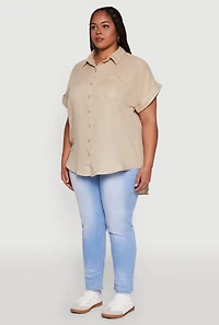 Womens Plus Size Short Sleeve Rolled Cuff Shirt, Beige, Size 1X